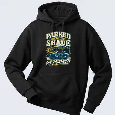 Vintage bold print of a car under a tent with humorous text. — printed on a unisex hoodie