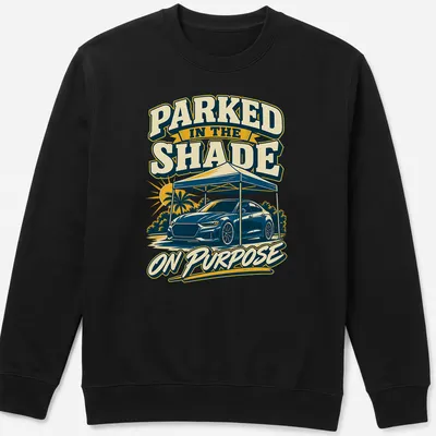 Vintage bold print of a car under a tent with humorous text. — printed on a unisex sweatshirt