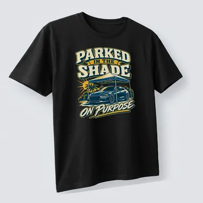 Vintage bold print of a car under a tent with humorous text. — printed on a unisex t-shirt (angled view)