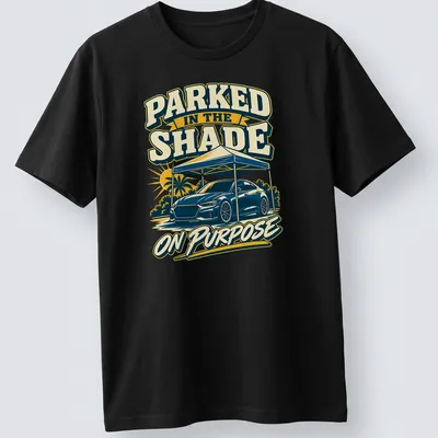 Vintage bold print of a car under a tent with humorous text.