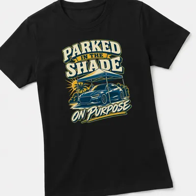 Vintage bold print of a car under a tent with humorous text. — printed on a women's shirt