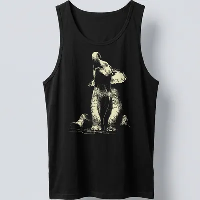 Minimalist line-art of a peaceful dog with earbuds listening to music — printed on a tank top