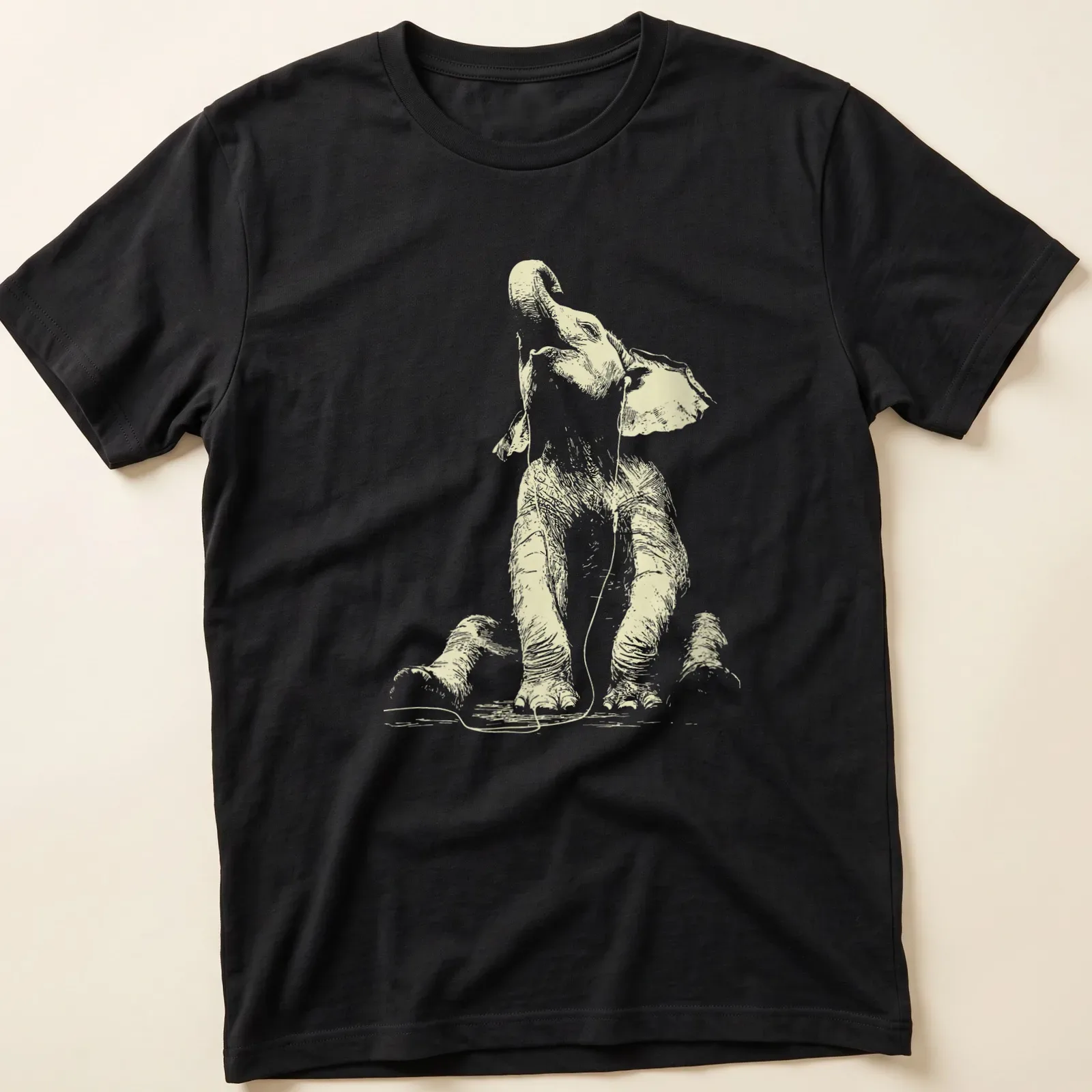 Minimalist line-art of a peaceful dog with earbuds listening to music — printed on a unisex t-shirt