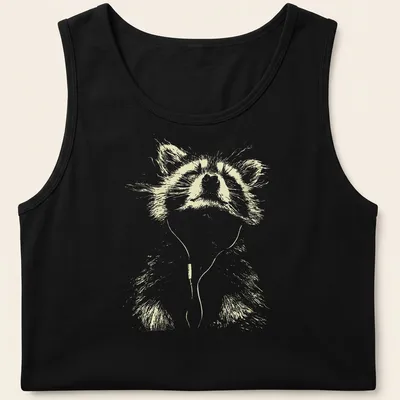 Minimalist line-art of a peaceful raccoon listening to music in light beige and white — printed on a tank top