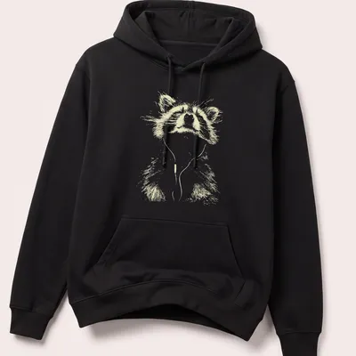 Minimalist line-art of a peaceful raccoon listening to music in light beige and white — printed on a unisex hoodie