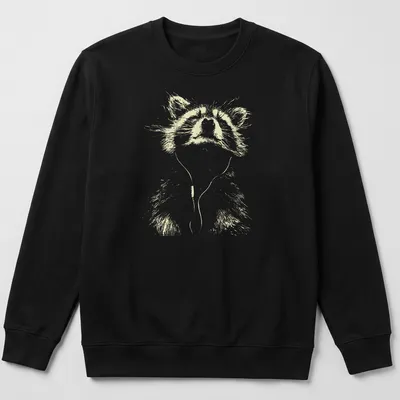 Minimalist line-art of a peaceful raccoon listening to music in light beige and white — printed on a unisex sweatshirt