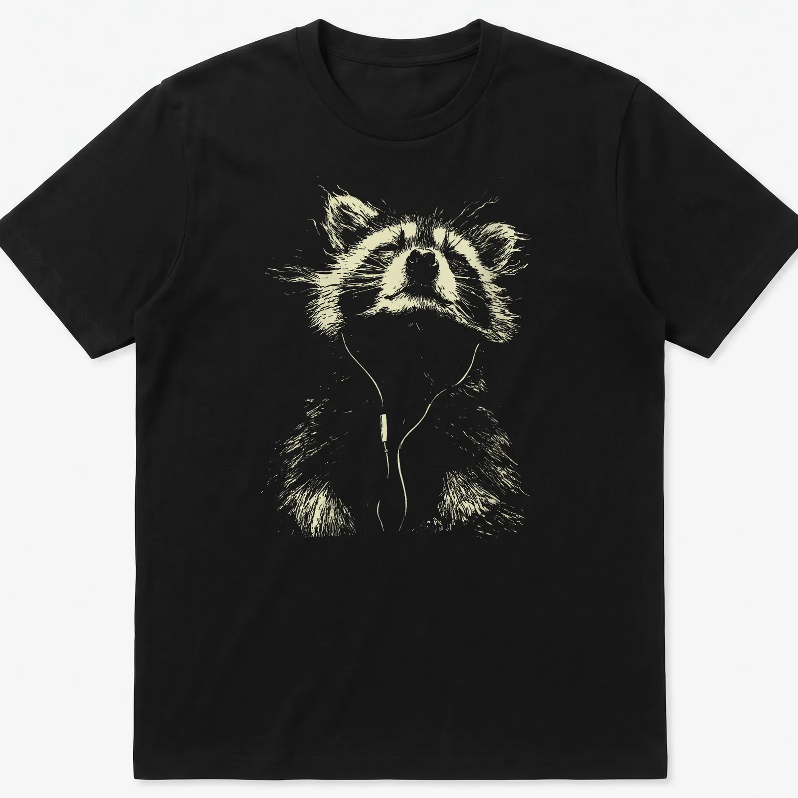 Minimalist line-art of a peaceful raccoon listening to music in light beige and white — printed on a unisex t-shirt