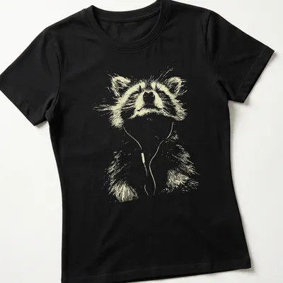 Minimalist line-art of a peaceful raccoon listening to music in light beige and white — printed on a women's shirt