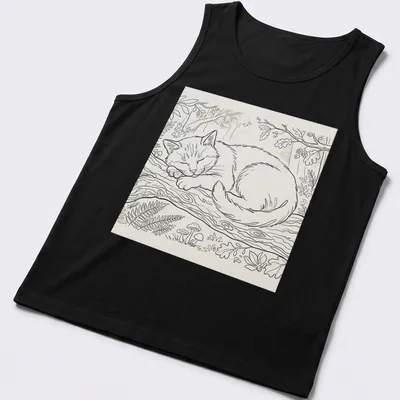Line-art of a peaceful sleeping cat resting on a branch with green and brown accents — printed on a tank top