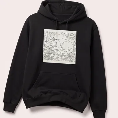 Line-art of a peaceful sleeping cat resting on a branch with green and brown accents — printed on a unisex hoodie