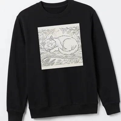 Line-art of a peaceful sleeping cat resting on a branch with green and brown accents — printed on a unisex sweatshirt