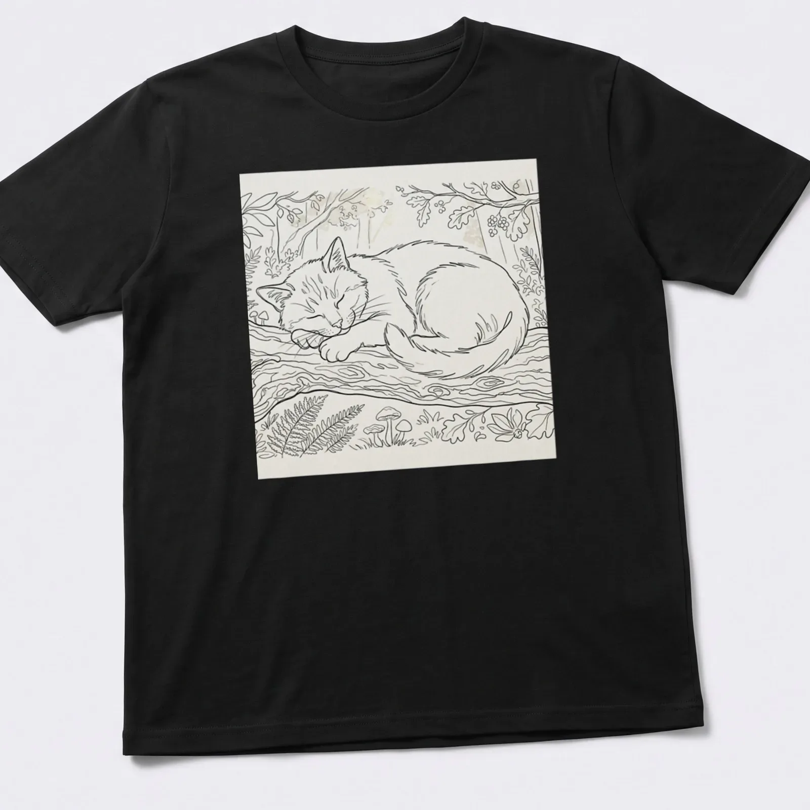 Line-art of a peaceful sleeping cat resting on a branch with green and brown accents — printed on a unisex t-shirt