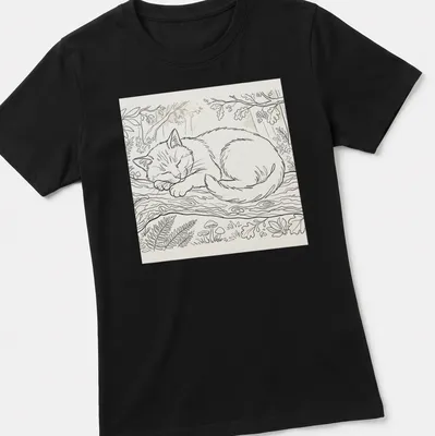 Line-art of a peaceful sleeping cat resting on a branch with green and brown accents — printed on a women's shirt