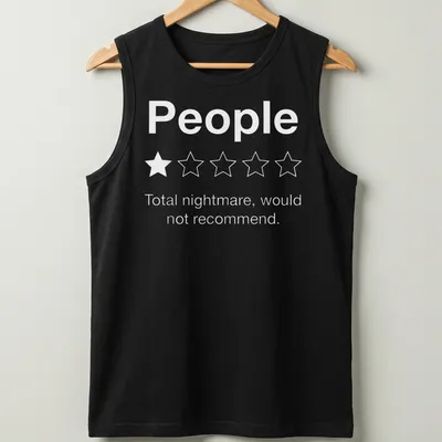 Sarcastic T-shirt with minimalist text and star graphics in white and light gray — printed on a tank top