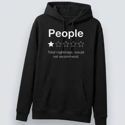 Sarcastic T-shirt with minimalist text and star graphics in white and light gray — printed on a unisex hoodie