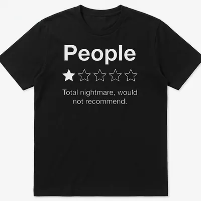 Sarcastic T-shirt with minimalist text and star graphics in white and light gray