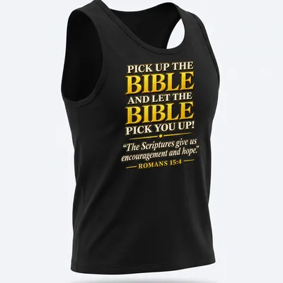 Bold decorative typography featuring Bible verse in gold, black, and white — printed on a tank top