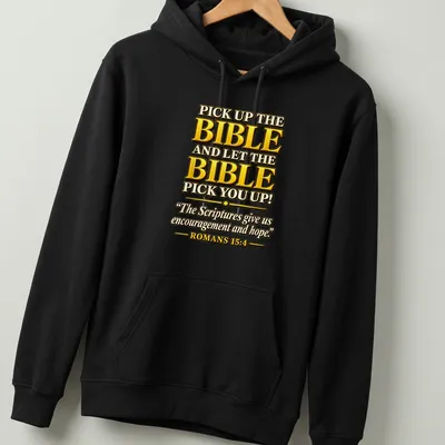 Bold decorative typography featuring Bible verse in gold, black, and white — printed on a unisex hoodie