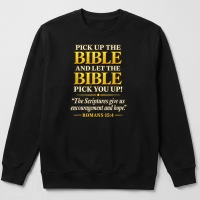 Bold decorative typography featuring Bible verse in gold, black, and white — printed on a unisex sweatshirt