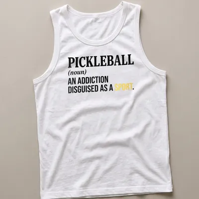 Text-based design featuring the definition of pickleball as an addiction disguised as a sport — printed on a tank top
