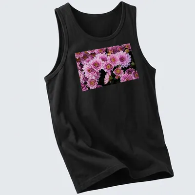 Photographic design of pink chrysanthemum flowers in vibrant colors — printed on a tank top