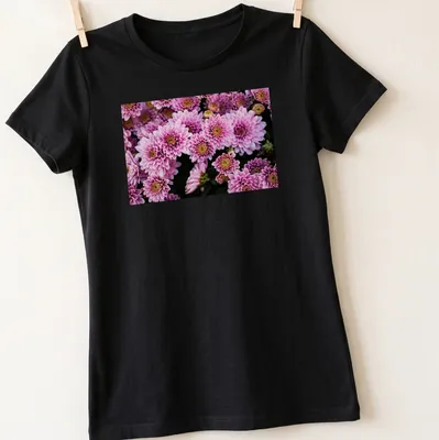 Photographic design of pink chrysanthemum flowers in vibrant colors — printed on a women's shirt