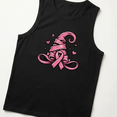 Bold cartoon of a pink ribbon witch hat for breast cancer awareness — printed on a tank top