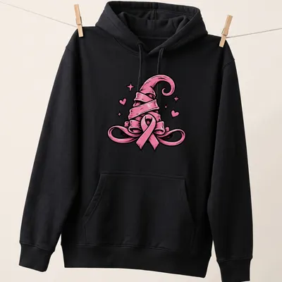Bold cartoon of a pink ribbon witch hat for breast cancer awareness — printed on a unisex hoodie