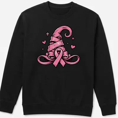 Bold cartoon of a pink ribbon witch hat for breast cancer awareness — printed on a unisex sweatshirt