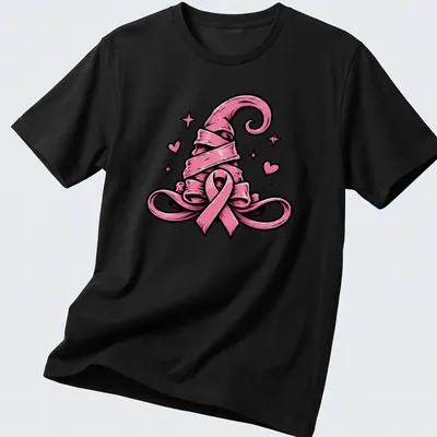 Bold cartoon of a pink ribbon witch hat for breast cancer awareness