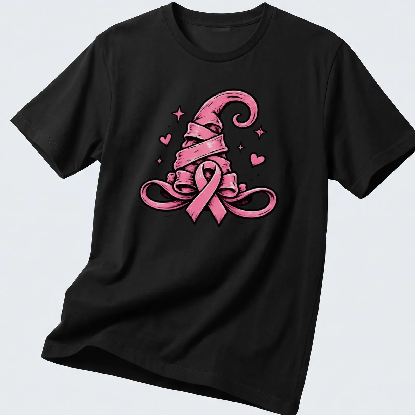 Bold cartoon of a pink ribbon witch hat for breast cancer awareness — printed on a unisex t-shirt