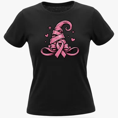 Bold cartoon of a pink ribbon witch hat for breast cancer awareness — printed on a women's shirt
