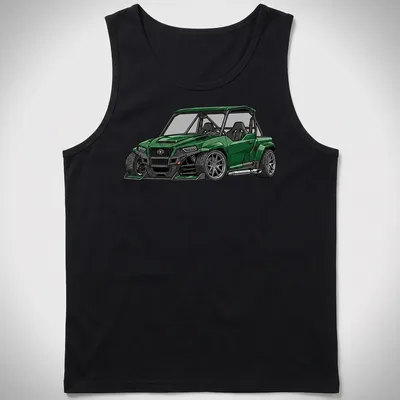 Detailed illustration of a Polaris General XP 1000 UTV in green with black and silver accents — printed on a tank top
