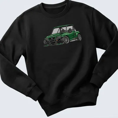 Detailed illustration of a Polaris General XP 1000 UTV in green with black and silver accents — printed on a unisex sweatshirt