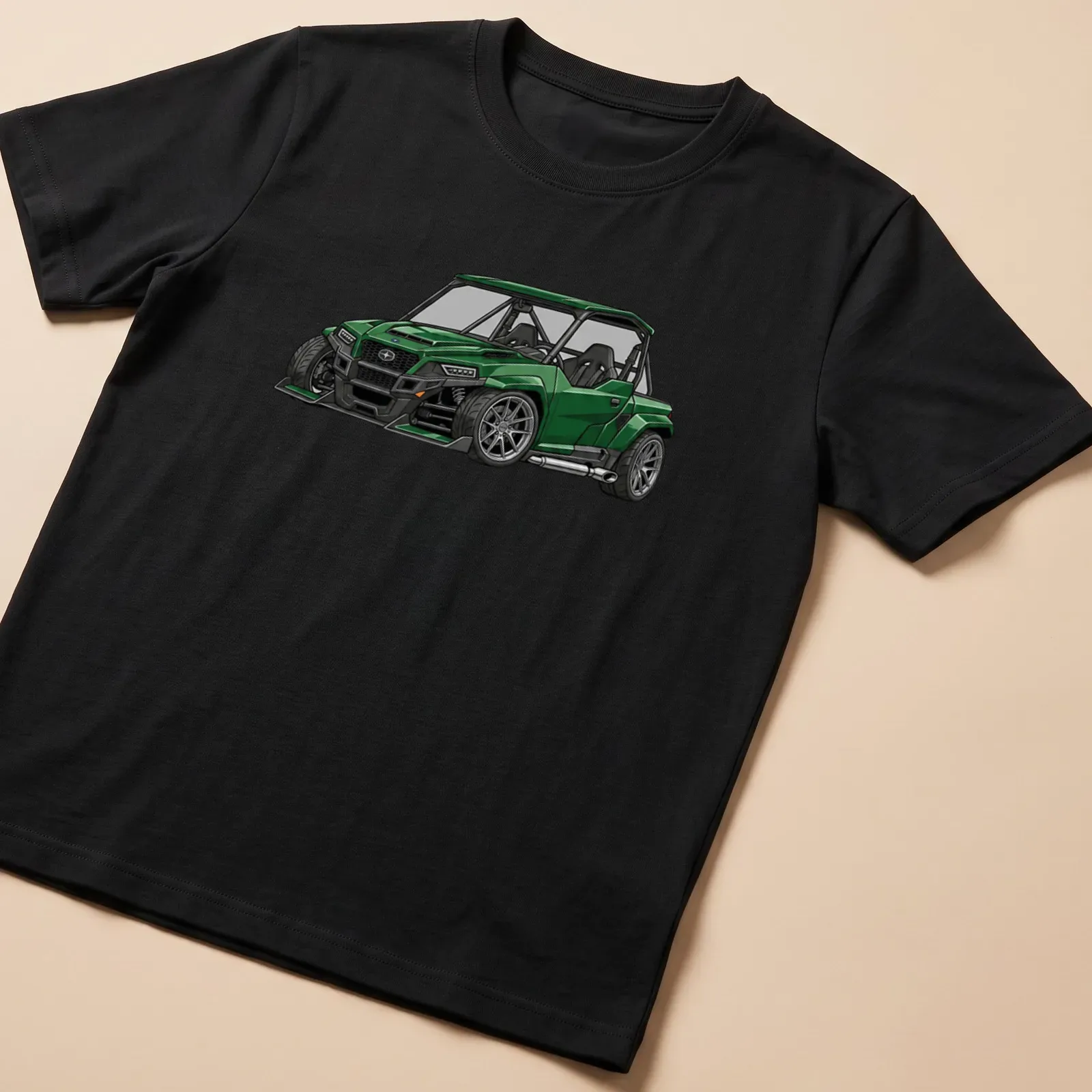 Detailed illustration of a Polaris General XP 1000 UTV in green with black and silver accents — printed on a unisex t-shirt
