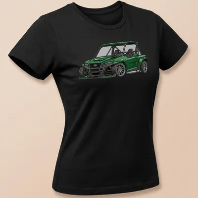 Detailed illustration of a Polaris General XP 1000 UTV in green with black and silver accents — printed on a women's shirt