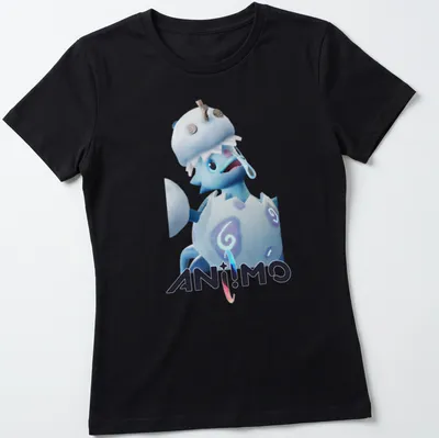 3D cartoon of Pomegg Snowfield Form with playful colors and text — printed on a women's shirt