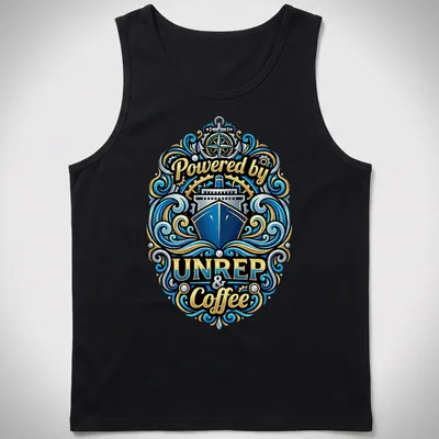 Vintage nautical t-shirt with ornate design featuring a ship and coffee theme — printed on a tank top
