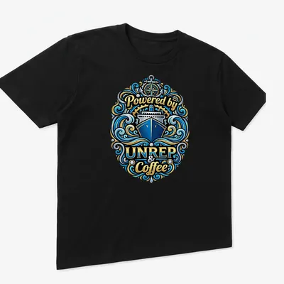 Vintage nautical t-shirt with ornate design featuring a ship and coffee theme — printed on a unisex t-shirt (angled view)