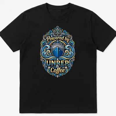 Vintage nautical t-shirt with ornate design featuring a ship and coffee theme