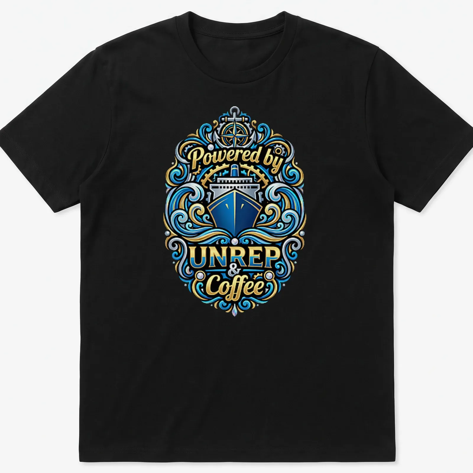 Vintage nautical t-shirt with ornate design featuring a ship and coffee theme — printed on a unisex t-shirt