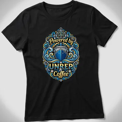 Vintage nautical t-shirt with ornate design featuring a ship and coffee theme — printed on a women's shirt
