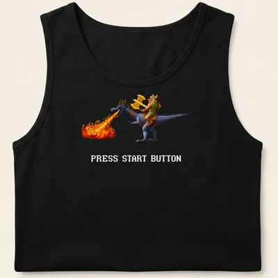 Retro pixel art of a warrior riding a dragon with Press Start Button text. — printed on a tank top