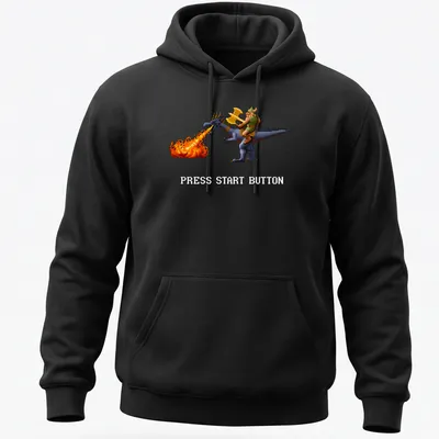 Retro pixel art of a warrior riding a dragon with Press Start Button text. — printed on a unisex hoodie