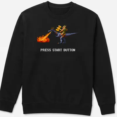 Retro pixel art of a warrior riding a dragon with Press Start Button text. — printed on a unisex sweatshirt
