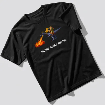 Retro pixel art of a warrior riding a dragon with Press Start Button text.