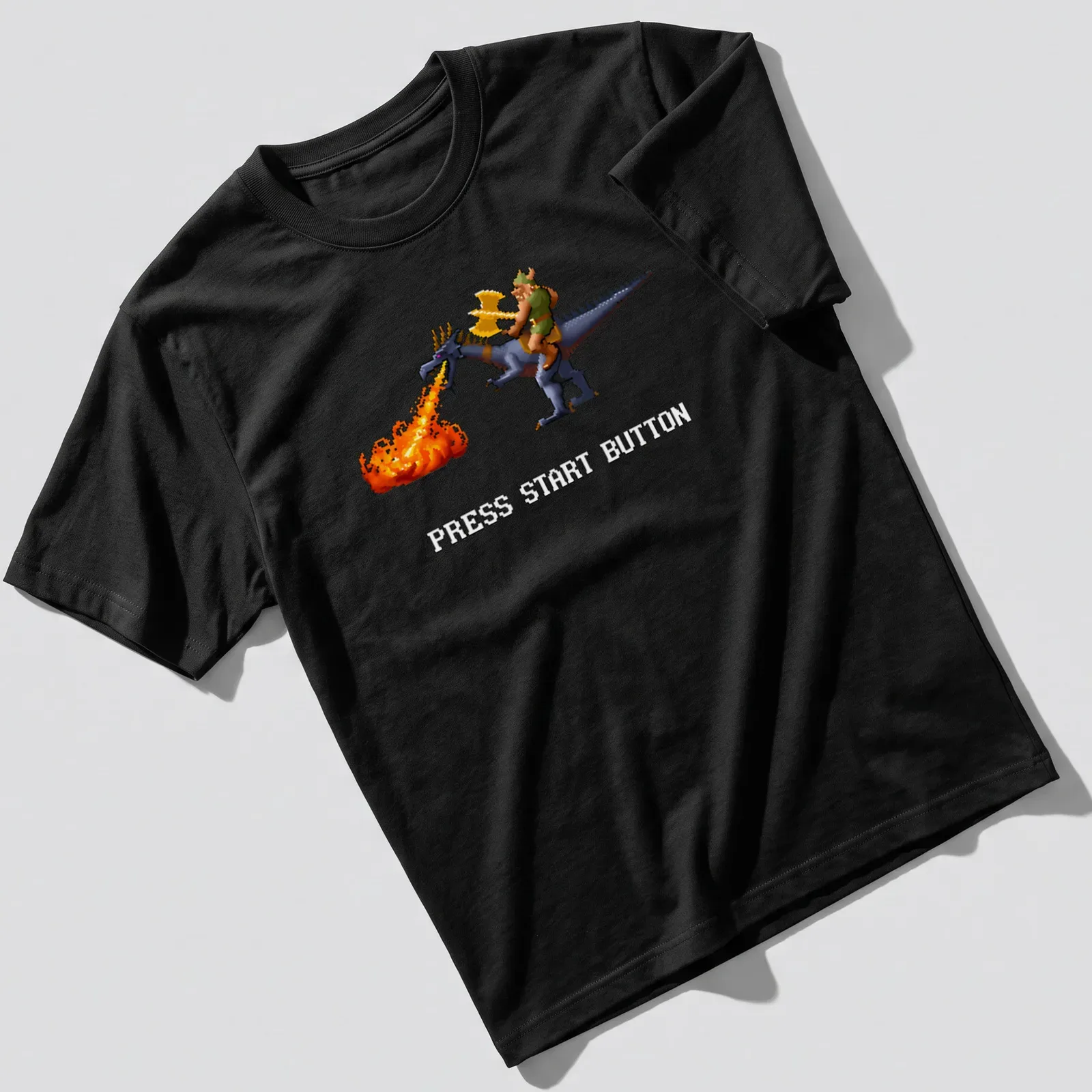 Retro pixel art of a warrior riding a dragon with Press Start Button text. — printed on a unisex t-shirt