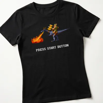 Retro pixel art of a warrior riding a dragon with Press Start Button text. — printed on a women's shirt