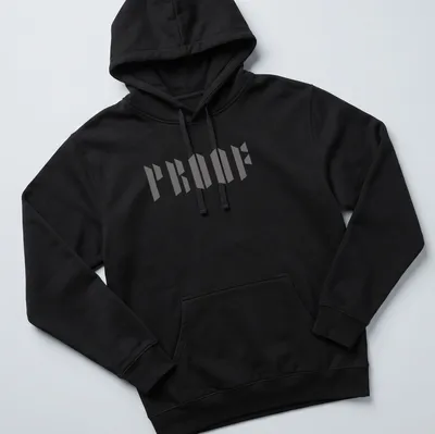 Bold gray typography shirt with the word PROOF in geometric design — printed on a unisex hoodie