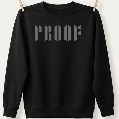 Bold gray typography shirt with the word PROOF in geometric design — printed on a unisex sweatshirt